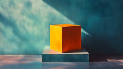 Poster - yellow cube on white pedestal with abstract cube leaning against softly lit wall