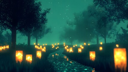 Poster - Pathway with illuminated candles showcasing voxel art in a creative display of artistic expression