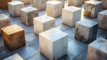 Poster - Arrangement of white cubes and artistic blocks in an abstract composition on a clean background