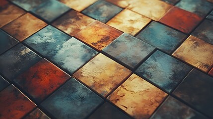Poster - Close up of a red and blue tiled floor with abstract artistic blocks arranged in a geometric pattern