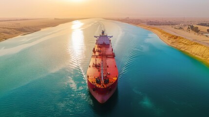 Poster - A large cargo ship travels through the Suez Canal, leaving gentle ripples in the deep blue water under a warm golden sunset creating a serene atmosphere.