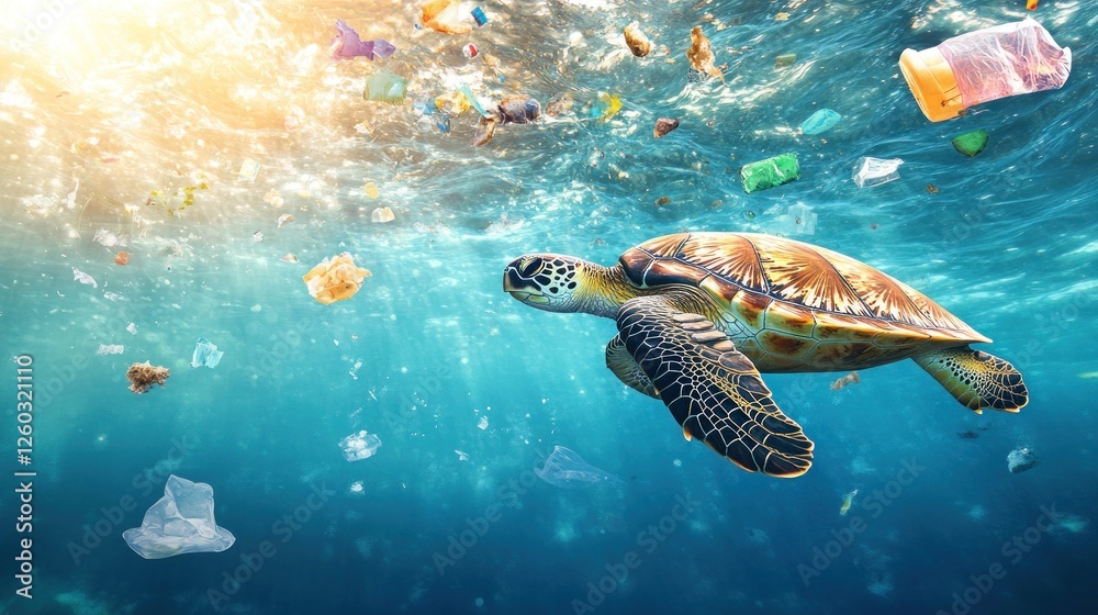 Sea turtle swimming through polluted waters, A plea for ocean ...