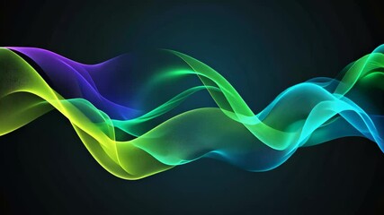 Poster - Bright waves in green and blue cascade gently across a dark backdrop, forming an abstract design that evokes motion and fluidity, showcasing vibrant colors.