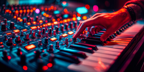 Poster - Innovative Music Technology with AI-Generated Music and Synthesizer Interface in Modern Music Production Studio