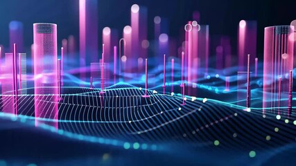 Poster - A mesmerizing landscape features glowing waves and vertical structures illuminated in blue and pink, representing digital technology and innovation in a nighttime setting.