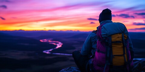 Canvas Print - Hiker sunset mountain river view. Travel adventure