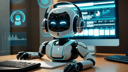 Poster - A sleek robot wearing headphones engages with a computer screen in a contemporary office setting, illustrating the integration of technology and innovation in daily tasks.