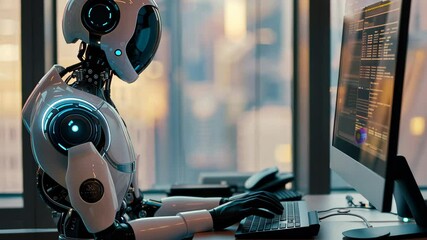Poster - A humanoid robot focuses on programming tasks at a computer in a contemporary office, illuminated by the warm glow of the setting sun through large windows.