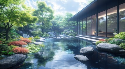 Wall Mural - Serene garden pond reflects modern home tranquility.