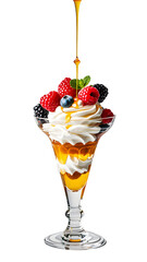 Wall Mural - An elegant plated ice cream sundae with fresh berries, whipped cream, and a drizzle of honey