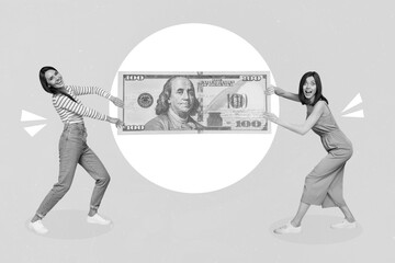 Poster - Banner magazine collage of two girls hold ends hundred dollar banknote greedy winning jackpot lottery