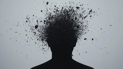 Profile of a man with fire and fragments exploding from his head, symbolizing stress, burnout, and mental health issues trauma