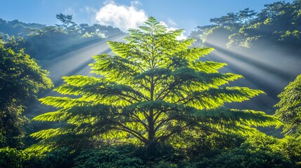 Wall Mural - A majestic green tree is bathed in golden sunlight