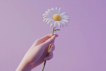 Canvas Print - A delicate hand holding a daisy against a soft purple background, showcasing beauty, emotions, and a fresh perspective in a floral theme