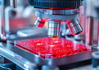 Poster - High tech microscope examining bioprinted cells in red light