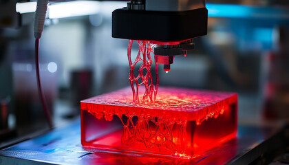 Poster - 3D bioprinter creating customizable blood vessels in red gel