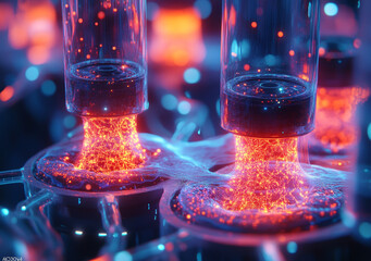 Poster - Futuristic glowing devices with nerve tissue in vibrant colors