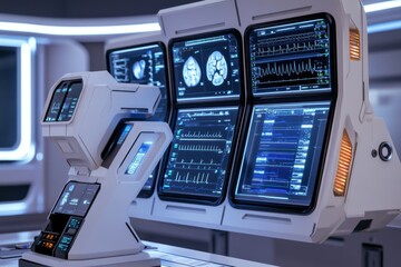 Poster - advanced medical diagnostic station with digital screens showing brain scans and patient data.