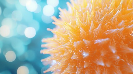 Poster - Bright orange fluffy ball with spiky texture draws attention amidst a dreamy blue background adorned with soft bokeh. Perfect for evoking curiosity and imagination