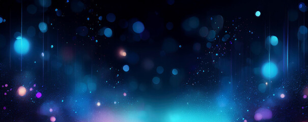 Bokeh neon light flare blur glow banner cyber illumination navy blue black color gradient on dark night modern decorative abstract copy space background.