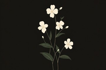 Canvas Print - Elegant floral illustration on a dark background featuring delicate white flowers and lush green leaves, perfect for design and nature themes