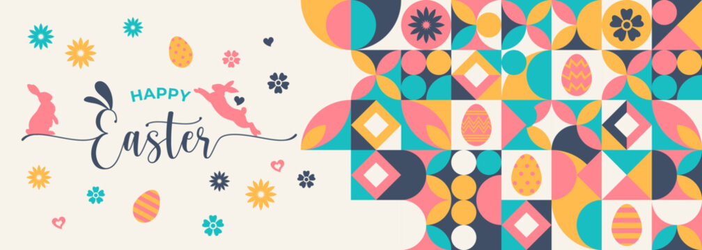 Happy Easter geometric background, banner, packaging, creative design. Modern geometric minimal abstract rabbits, eggs and geometric elements. Easter Holiday mosaic style background,pattern. Vector

