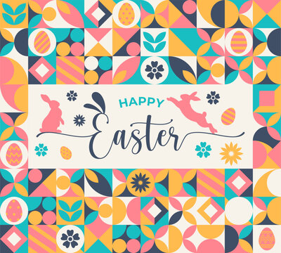 Happy Easter geometric background, banner, packaging, creative design. Modern geometric minimal abstract rabbits, eggs and geometric elements. Easter Holiday mosaic style background,pattern. Vector

