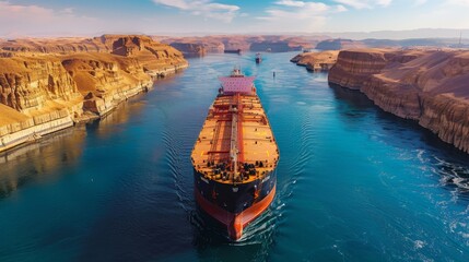 Poster - A sizable cargo ship makes its way through a narrow canal flanked by steep, sunlit cliffs under a clear sky. The calm waters reflect the warm colors of the landscape.