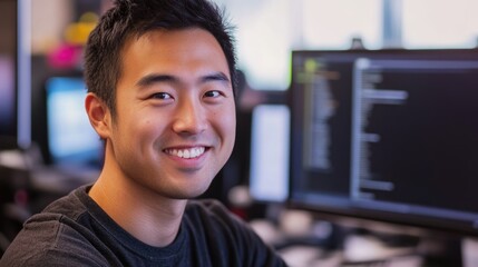 Professional Asian male software developer smiling at his workspace with computer screens displaying code in a modern office setting