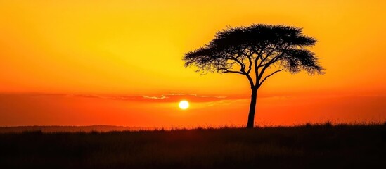 Aufkleber - Silhouette of solitary tree against vibrant orange sunset light creating a serene and peaceful landscape scene