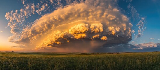 Dramatic clouds and vibrant sunset over a field showcasing stunning atmospheric colors and textures in the sky.