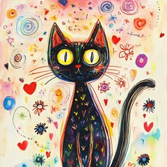 Naklejka na meble A whimsical black cat with large eyes surrounded by colorful hearts and flowers. Perfect for art lovers, pet enthusiasts, and children's decor.