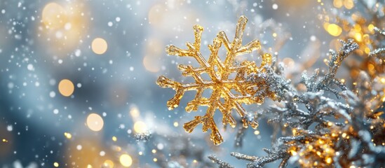 Aufkleber - Illuminating yellow glitter flakes on a soft gray background ideal for holiday themes Christmas New Year winter festive celebrations