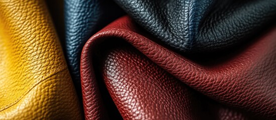 Aufkleber - Colorful textured leather fabric folds showcasing a mix of yellow, blue, and red tones perfect for fashion or design backgrounds.