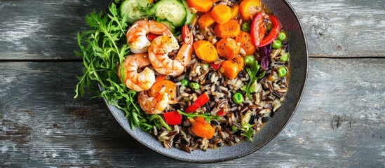 Wall Mural - Rustic bowl of wild rice with vegetables and shrimp on a textured wooden background featuring fresh ingredients and vibrant colors