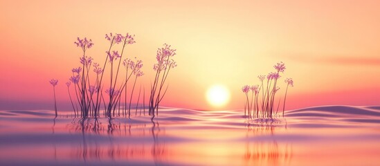 Aufkleber - Weed silhouettes against a vibrant sunset over ocean waters creating a serene and tranquil atmosphere with soft pink and orange hues