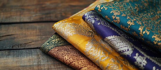 Wall Mural - Traditional Songket Fabrics from Sambas West Kalimantan Indonesia Showcasing Intricate Stitching and Vibrant Colors on a Wooden Surface