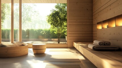 Aufkleber - Tranquil hotel room with wooden decor designed for comfort featuring natural light and serene outdoor views perfect for relaxation and rejuvenation