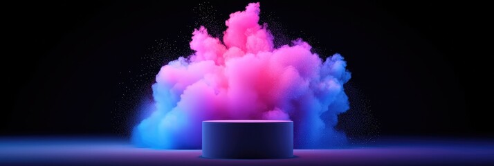 Wall Mural - Neon pink and blue smoke cloud behind a cylindrical pedestal.