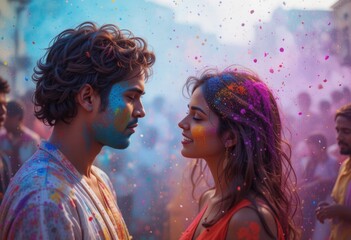a beautiful girl and a guy covered in bright colors celebrate holi in india. joyful emotions, atmosp