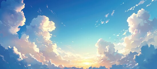 Poster - Serene sky background with soft clouds and a vibrant sunset, perfect for creating a peaceful and uplifting atmosphere in any design project.