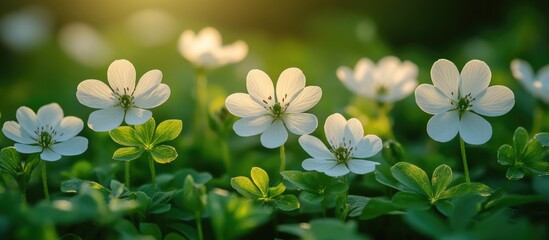 Aufkleber - Abstract macro image of delicate white flowers in a sunlit meadow showcasing soft focus and vibrant green foliage in the background.