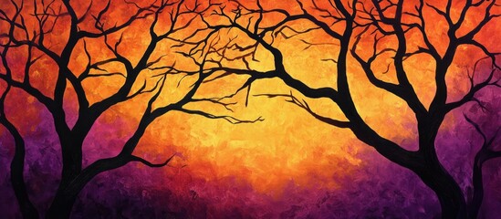 Aufkleber - Silhouette of bare tree branches against a vibrant sunset background with orange and purple hues creating a dramatic atmosphere.