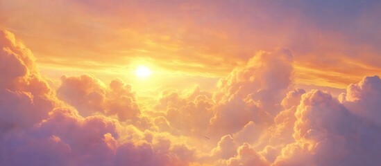 Aufkleber - Vibrant sunset illuminating fluffy clouds in a serene sky, creating a tranquil and picturesque atmosphere.