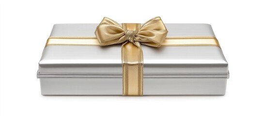 Wall Mural - elegant silver gift box adorned with a luxurious golden ribbon and bow on a clean white background ideal for festive occasions