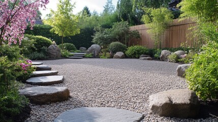 Poster - Tranquil Zen Garden Featuring Raked Gravel, Smooth Stones, Lush Vegetation and Pathways for Meditation and Serenity