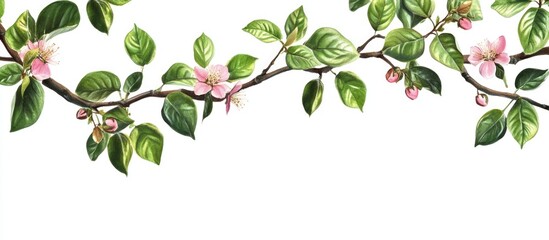 Poster - Young green leaves and pink flower blossoms on a tree branch with white space for your text or design needs