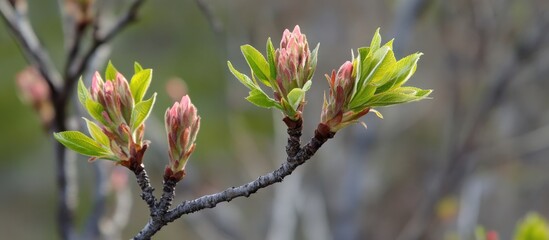 Poster - new image title young leaves and delicate pink blossoms on tree branch with natural backdrop and amp