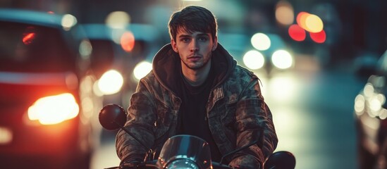 Young man on motorcycle in traffic with blurred cars background creating empty space for text and focus on his expression and surroundings