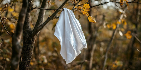 Wall Mural - White Cloth Hanging from Tree Branch in Autumnal Setting